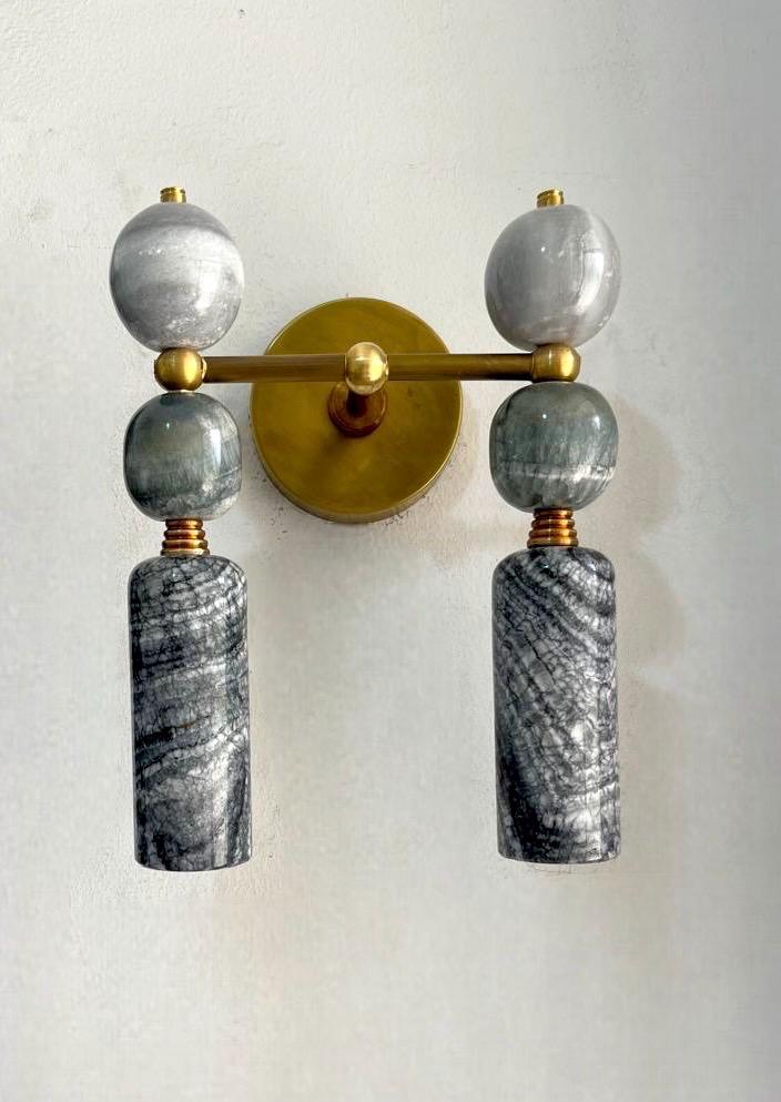 Handmade Brass finish sconce Double light with unique Marble Gemstones - Les Trois Pyramides