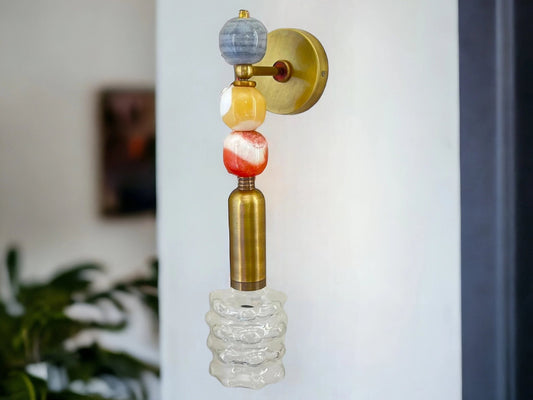 Handmade Brass finish sconce lighting with Marble Gemstones and Unique Blown Glass Art | Les Trois Pyramides