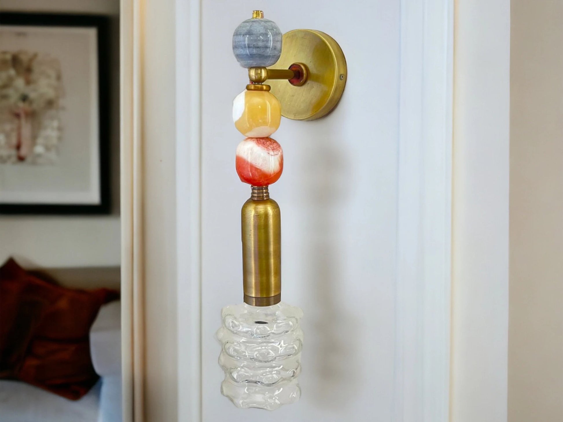 Handmade Brass finish sconce lighting with Marble Gemstones and Unique Blown Glass Art | Les Trois Pyramides