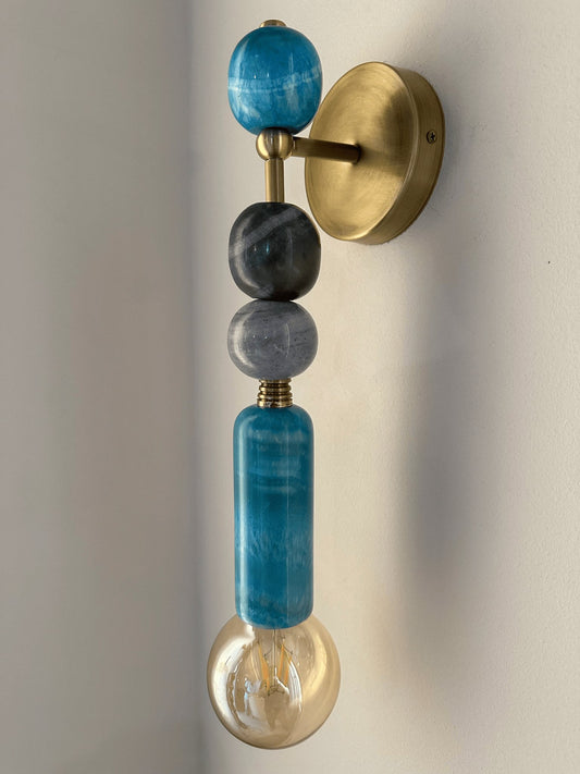 Handmade Brass finish sconce lighting with Turquoise and Grey Marble Gemstones | Custom made | Les Trois Pyramides