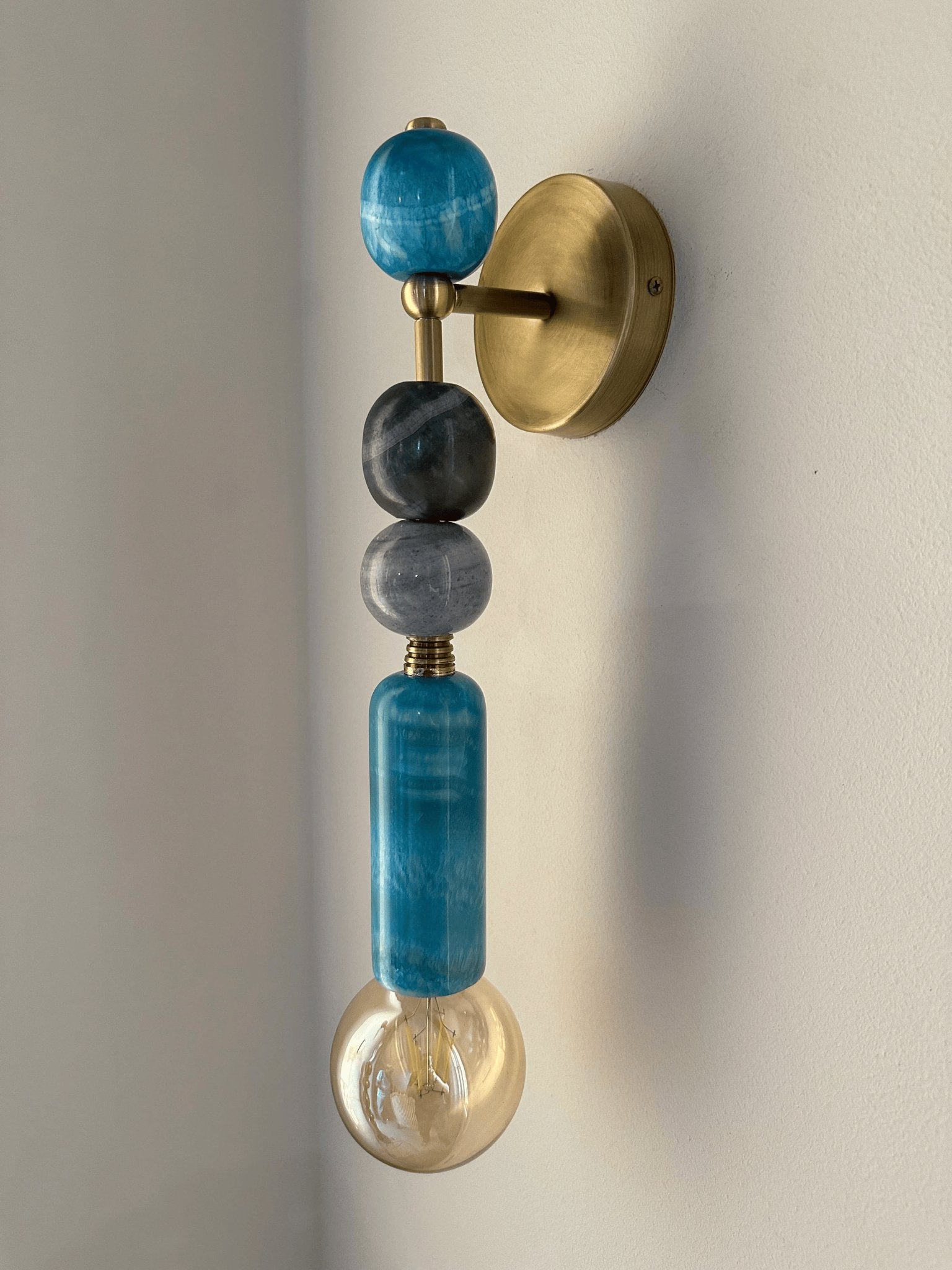 Handmade Brass finish sconce lighting with Turquoise and Grey Marble Gemstones | Custom made | Les Trois Pyramides