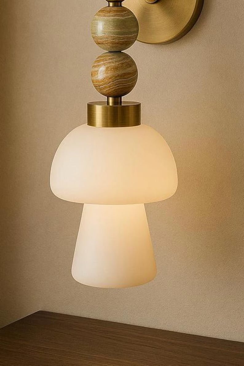 Handmade Onyx & Brass Mushroom Wall Sconce with Frosted Glass – Modern Wall Light Fixture