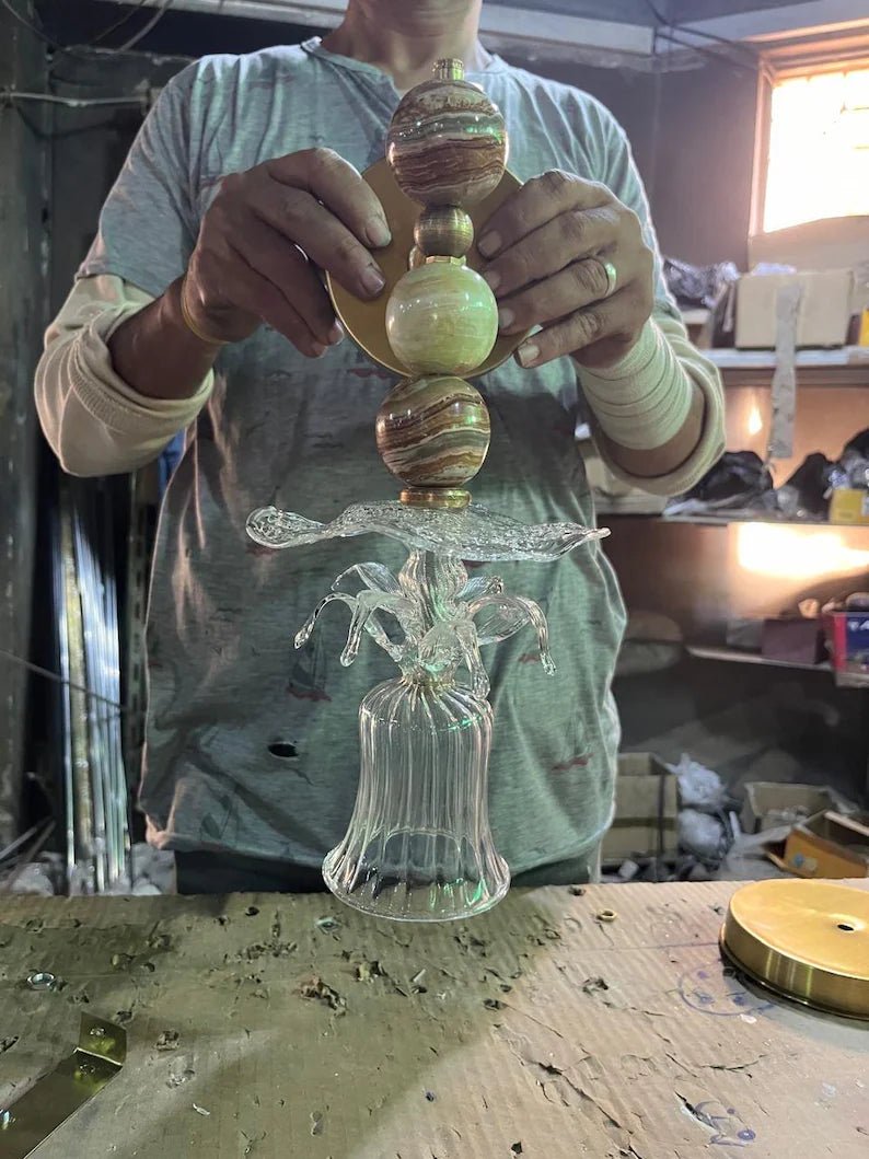 Handmade Onyx & Glass Wall Sconce –  Bell Flower Design | Les Trois Pyramides