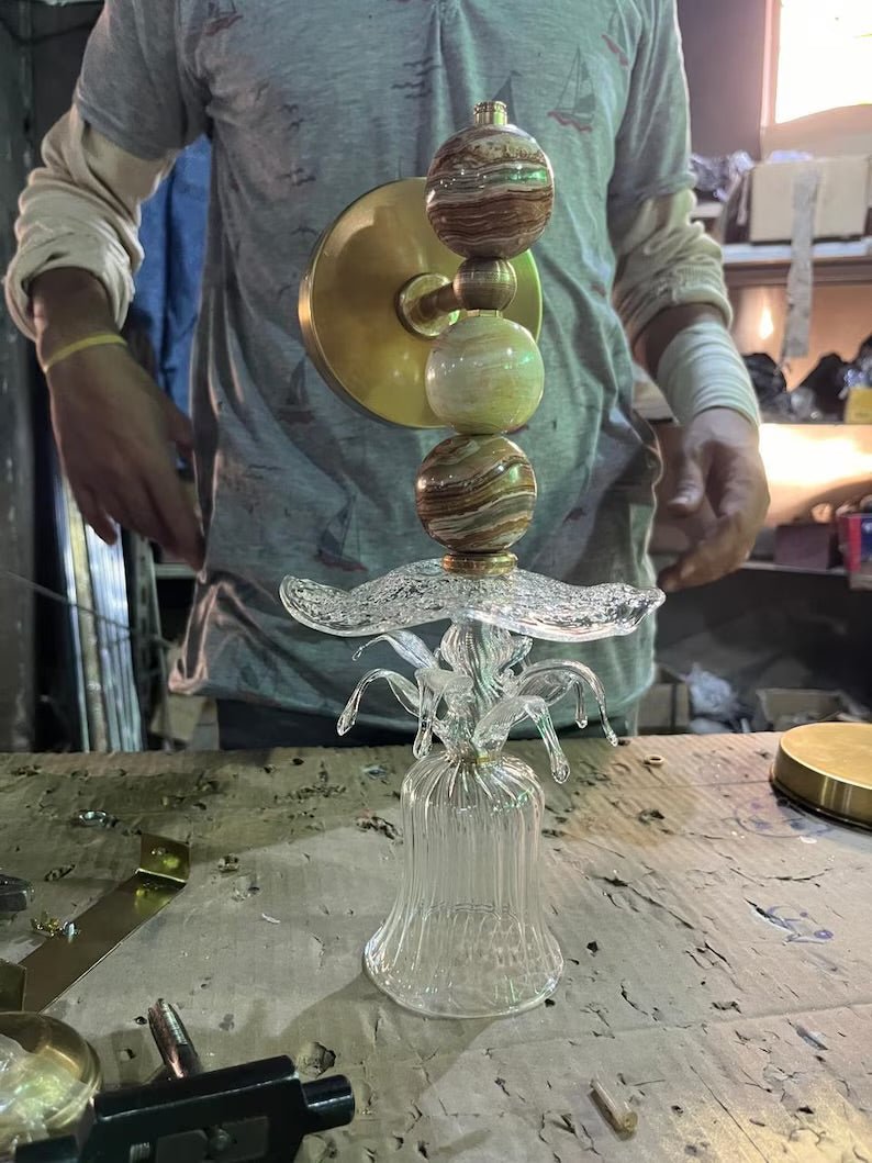 Handmade Onyx & Glass Wall Sconce –  Bell Flower Design | Les Trois Pyramides