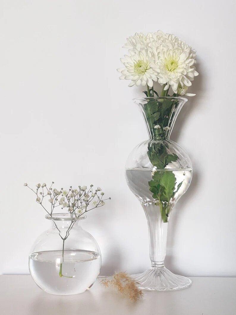 Set of 2 Handmade Clear Vases , Handmade Blown Glass Table Top , Blown glass vases , vintage glass vase , colored glass vases