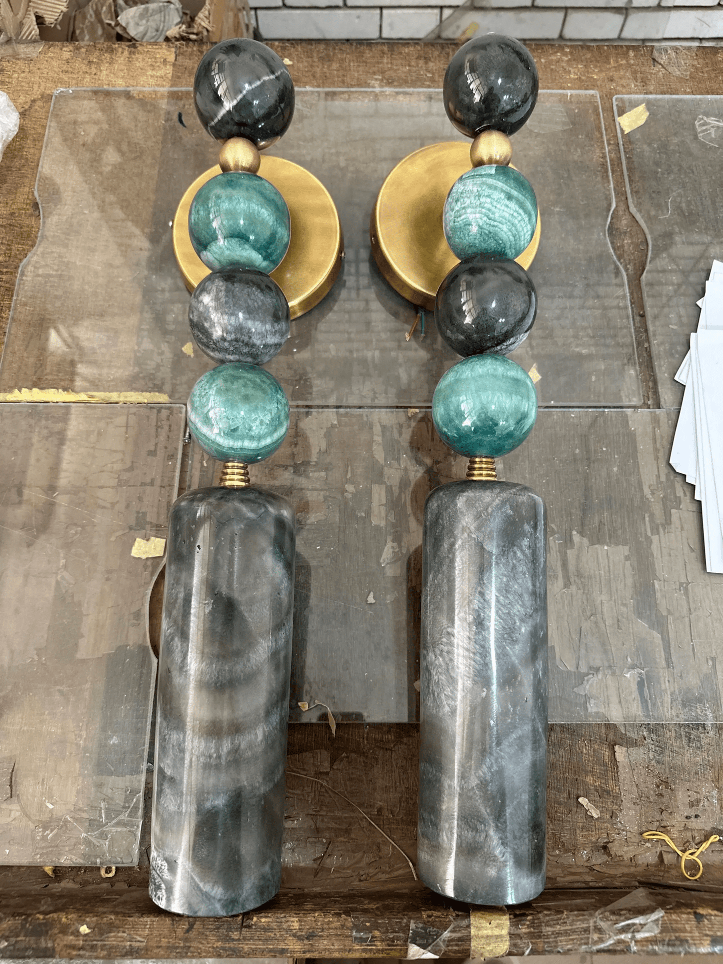 Large Handmade Brass finish sconce lighting with Marble Gemstones - Les Trois Pyramides