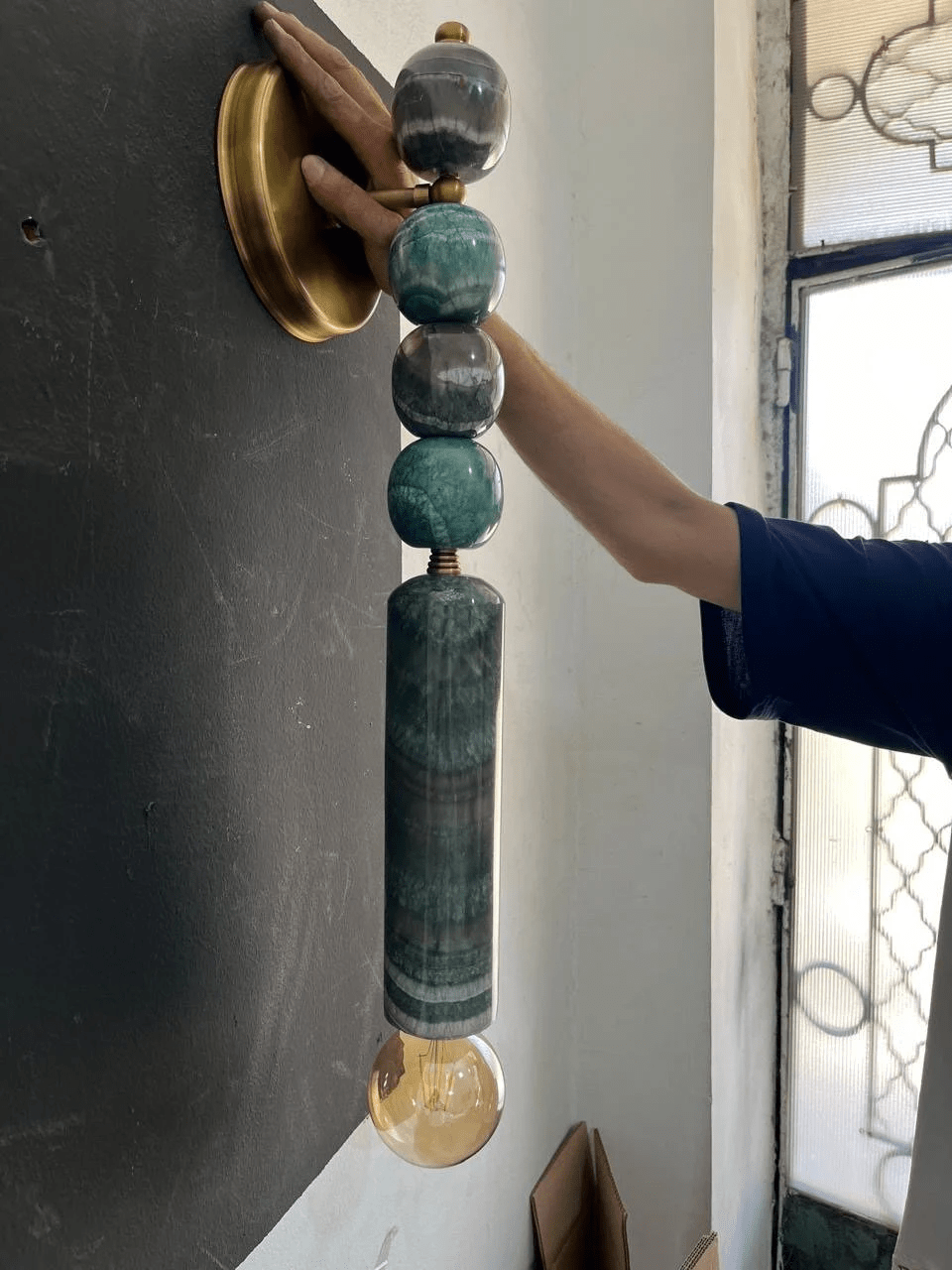 Large Handmade Brass finish sconce lighting with Marble Gemstones - Les Trois Pyramides
