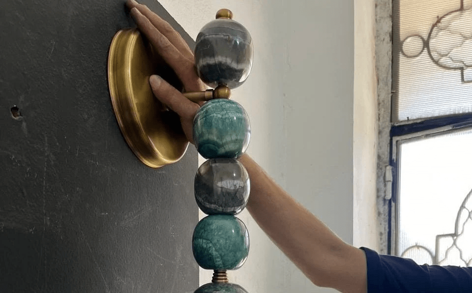 Large Handmade Brass finish sconce lighting with Marble Gemstones - Les Trois Pyramides