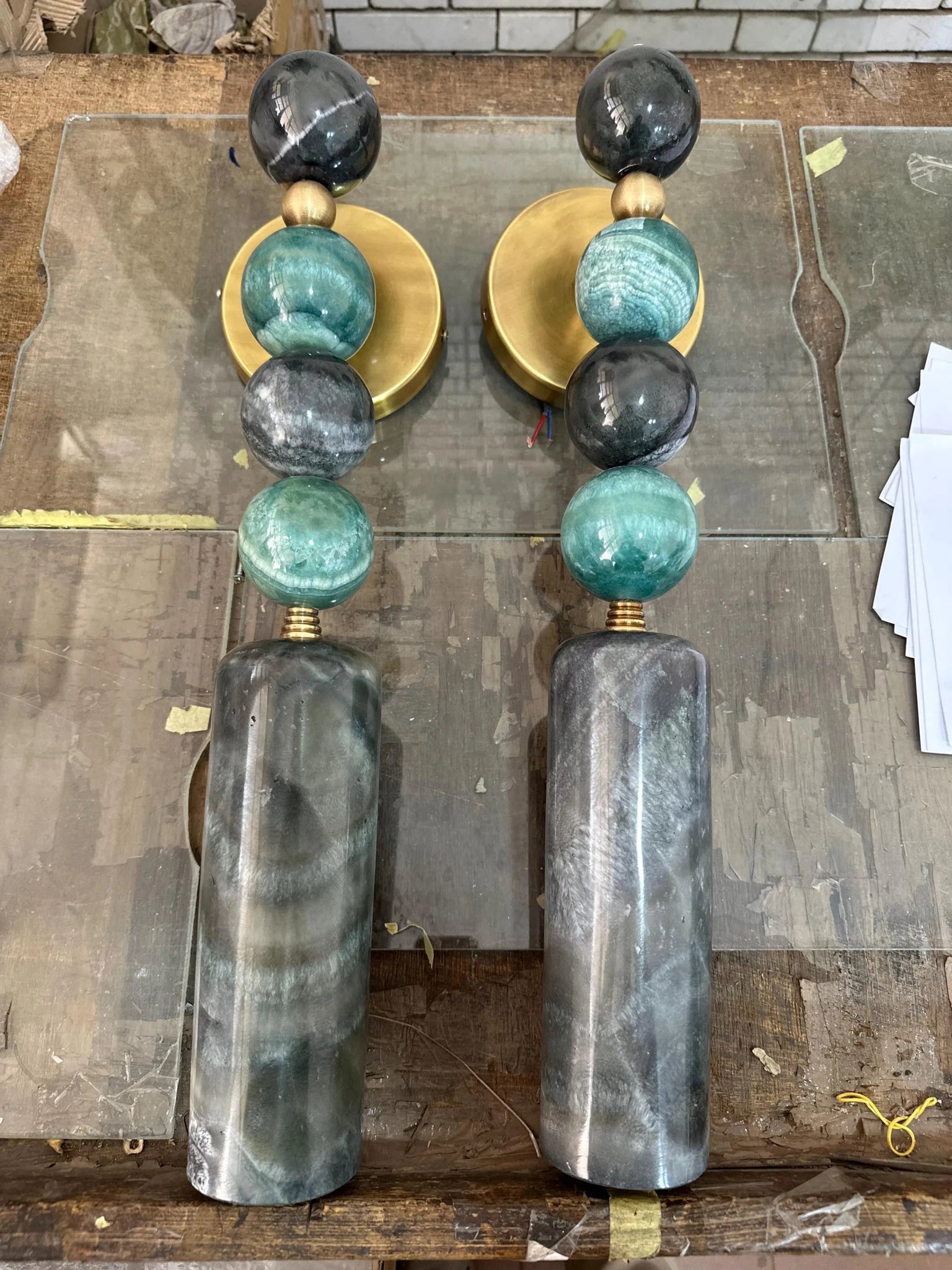 Large Handmade Brass finish sconce lighting with Marble Gemstones - Les Trois Pyramides