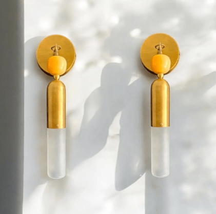 Les Trois Pyramides Gold Copper Base with Frosted Glass + Marble Gemstone handmade wall sconce | Les Trois Pyramides