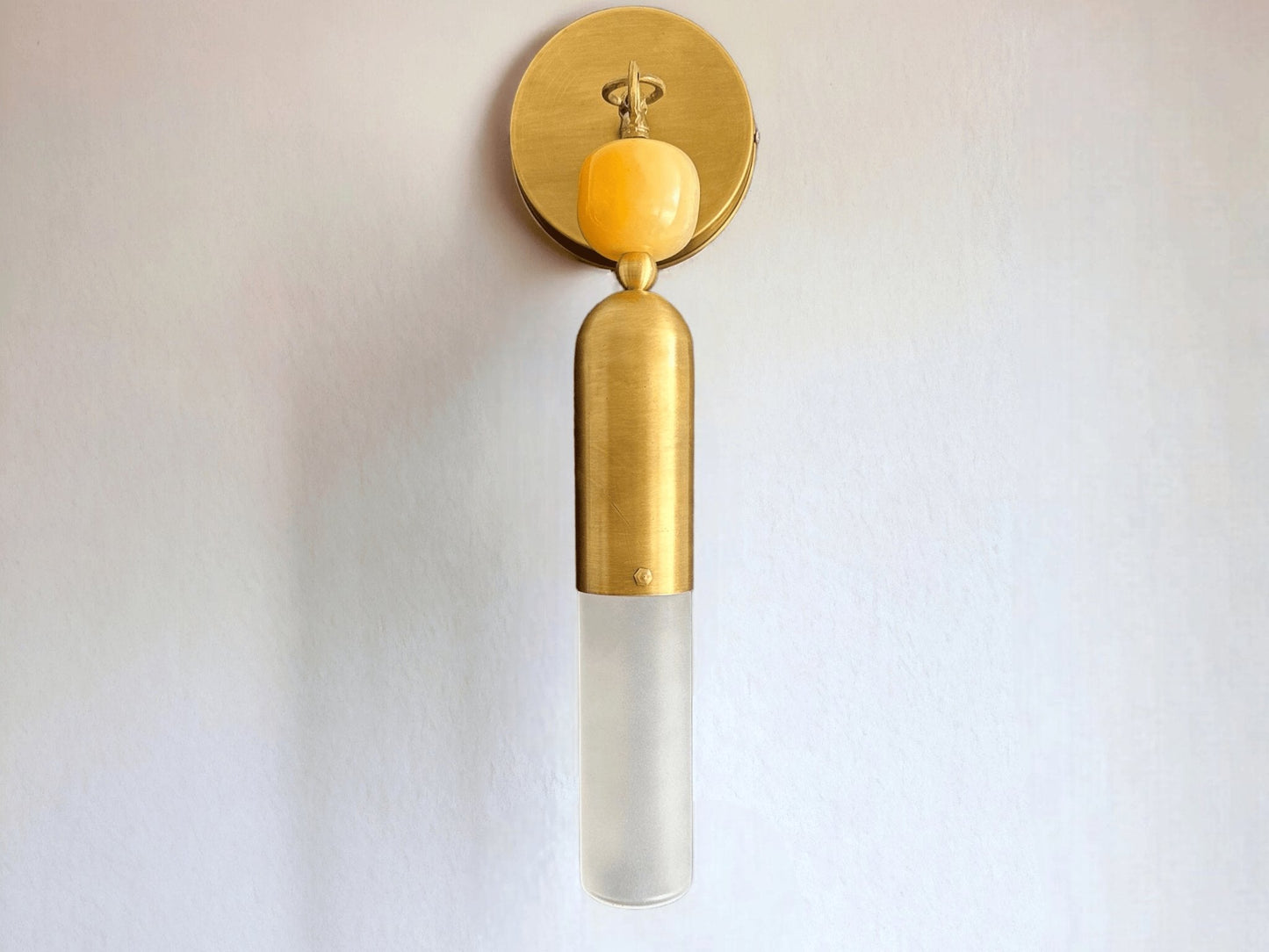 Les Trois Pyramides Brass Base with Frosted Glass + Marble Gemstone handmade wall sconce | Les Trois Pyramides