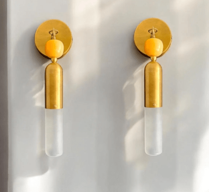 Les Trois Pyramides Brass Base with Frosted Glass + Marble Gemstone handmade wall sconce | Les Trois Pyramides