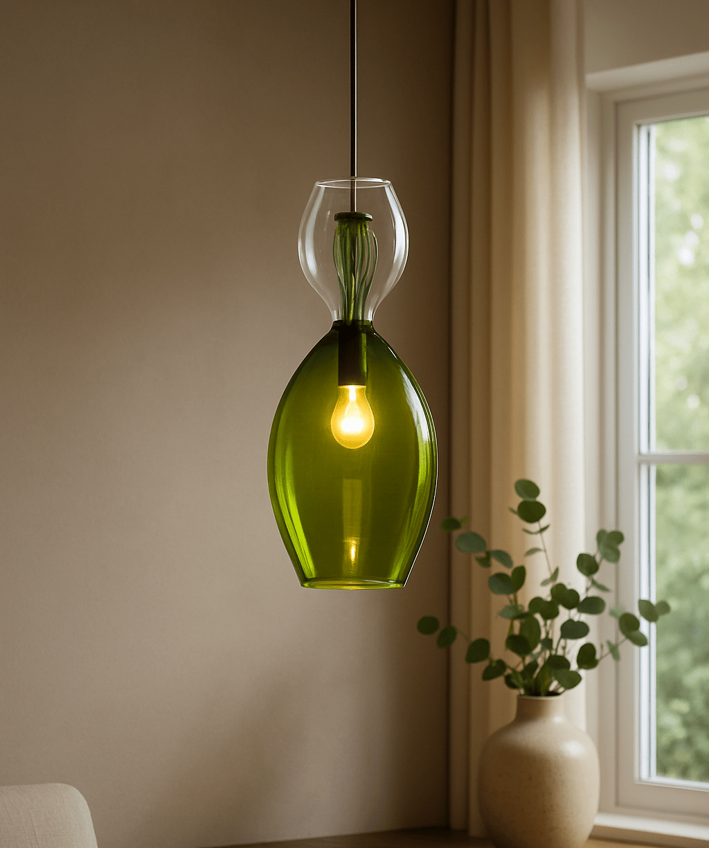 Light Green & Crystal Colored Handmade Modern Pendant Light - Les Trois Pyramides