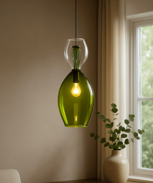 Light Green & Crystal Colored Handmade Modern Pendant Light - Les Trois Pyramides