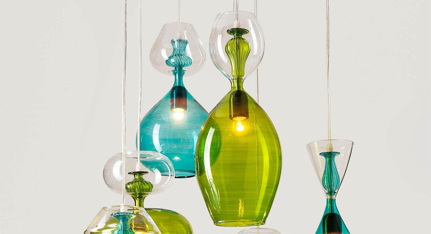 Light Green & Crystal Colored Handmade Modern Pendant Light - Les Trois Pyramides