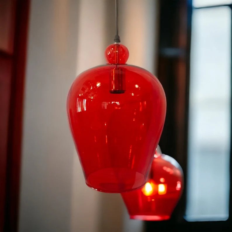 Modern Red Blown Glass Pendant Light - Les Trois Pyramides