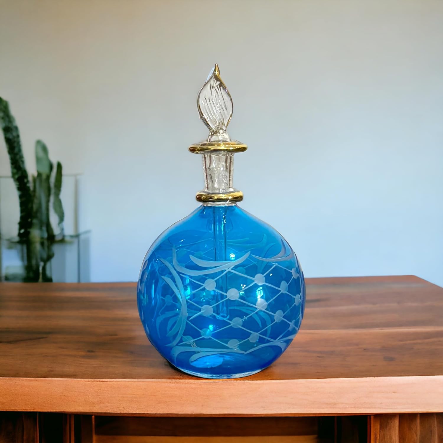 Blue Blown Glass perfume Bottle with 14K Gold | Les Trois Pyramides