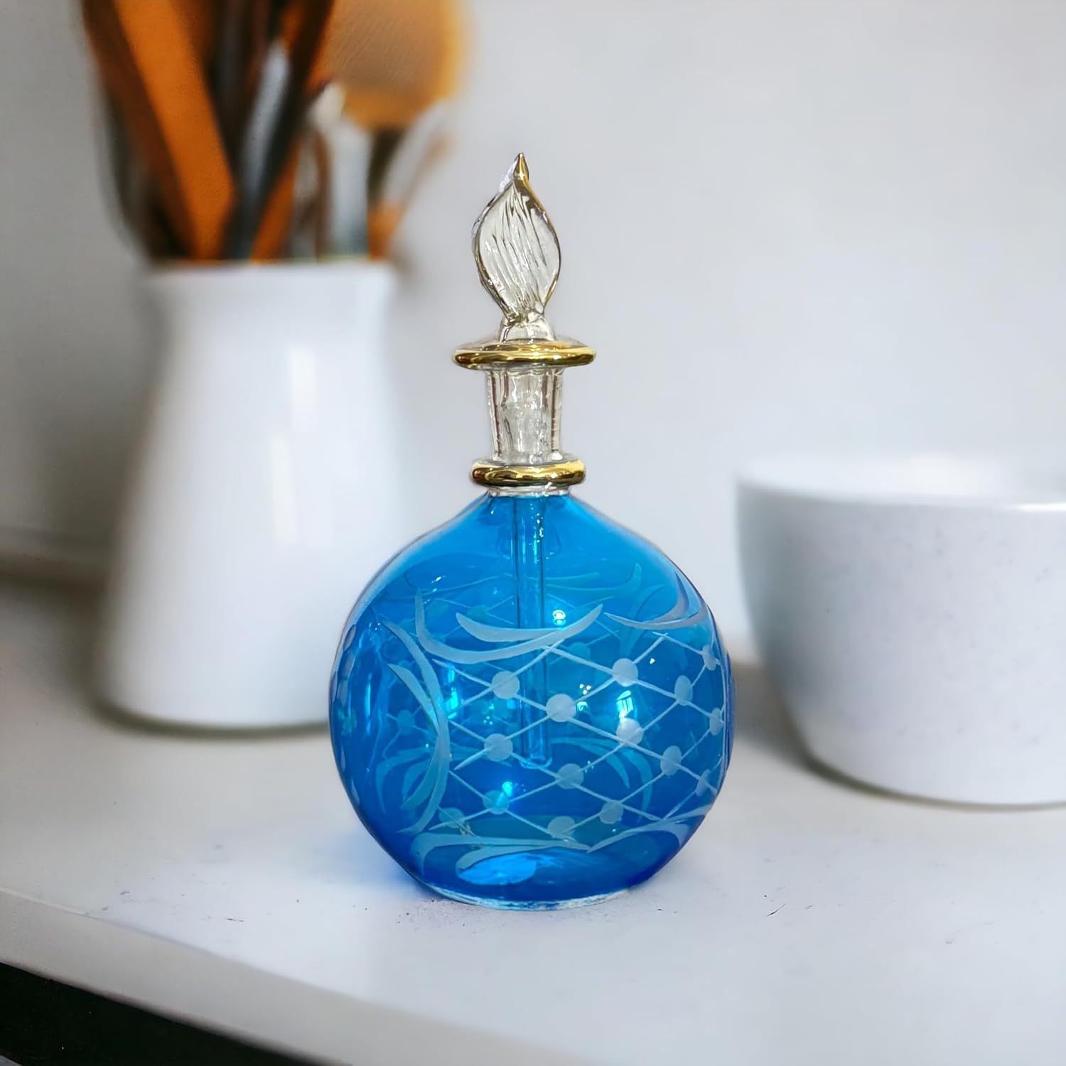 Blue Blown Glass perfume Bottle with 14K Gold | Les Trois Pyramides