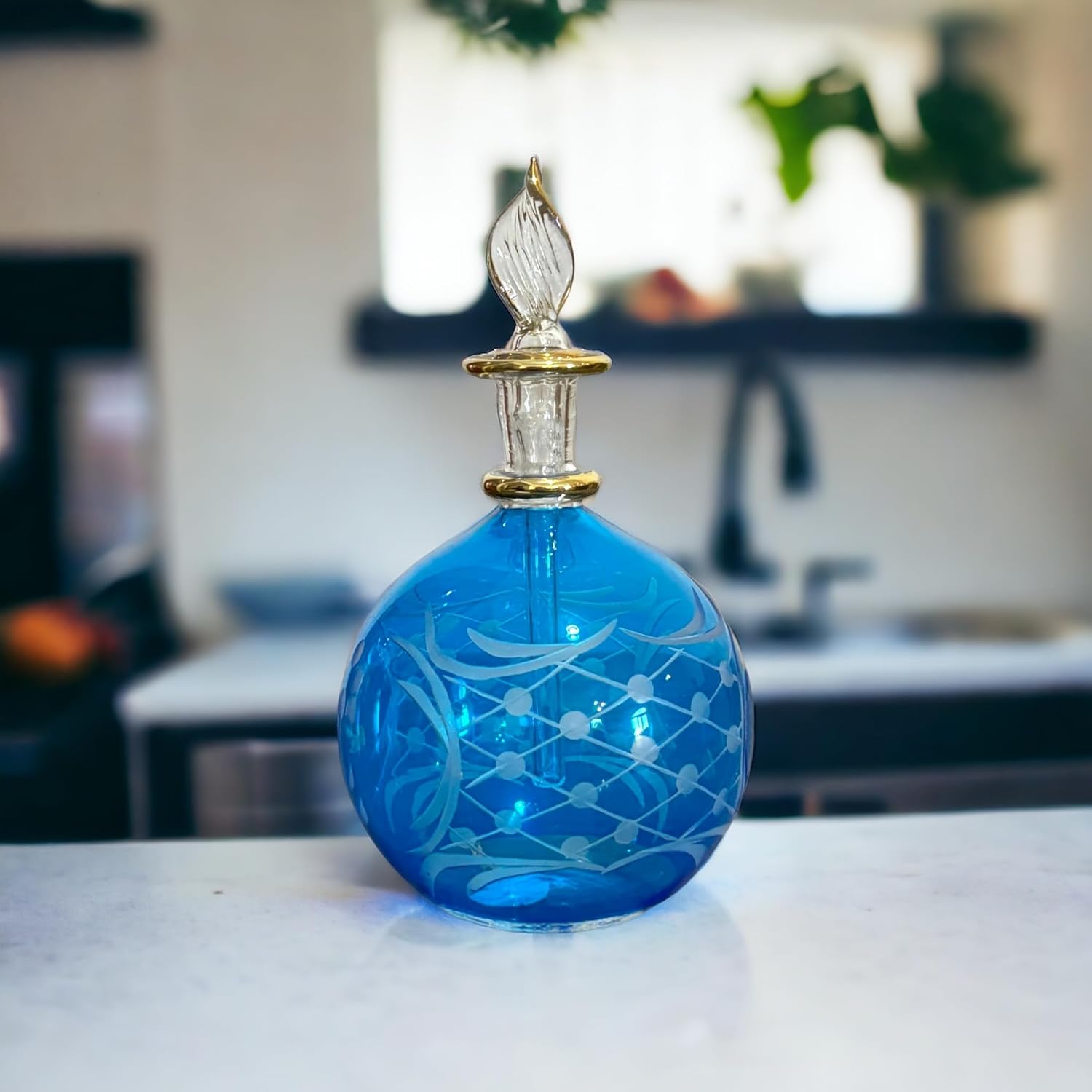 Blue Blown Glass perfume Bottle with 14K Gold | Les Trois Pyramides