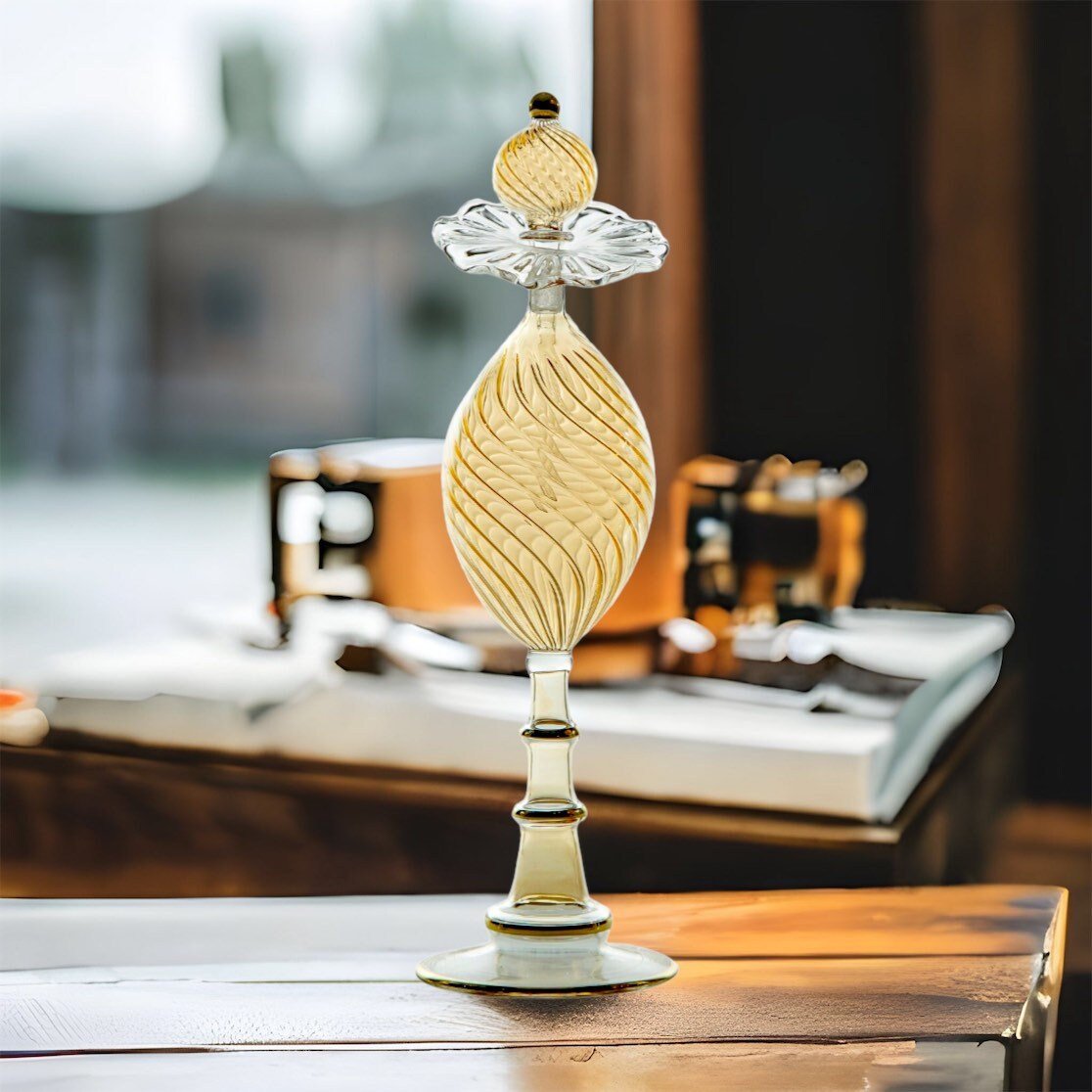Perfume Bottle - Gold Hand Painted - Hand Blown Glass - Essential Oil Bottle - Gold Painted Bottle - Antique Glassware - Gift for Her - Les Trois Pyramides