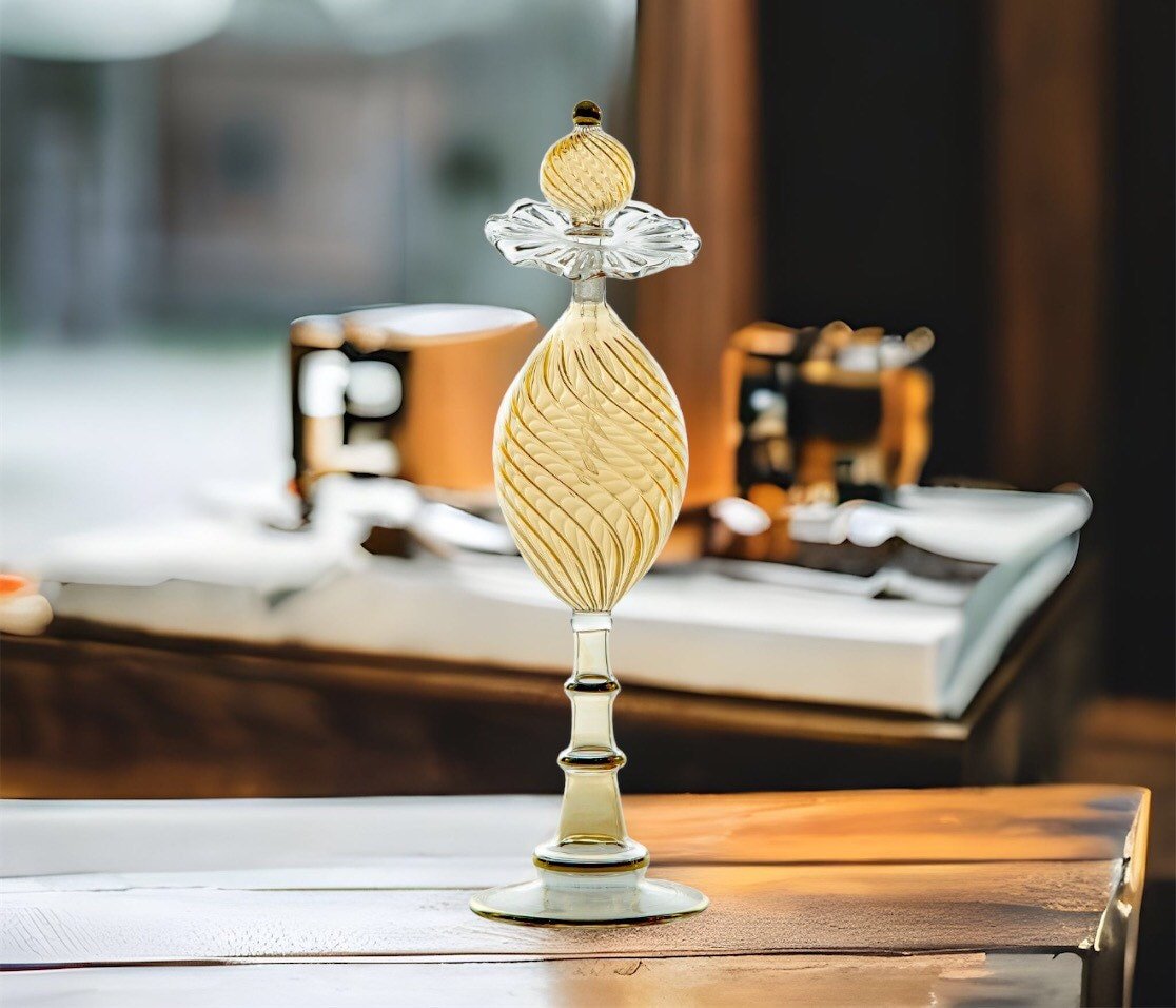Perfume Bottle - Gold Hand Painted - Hand Blown Glass - Essential Oil Bottle - Gold Painted Bottle - Antique Glassware - Gift for Her - Les Trois Pyramides