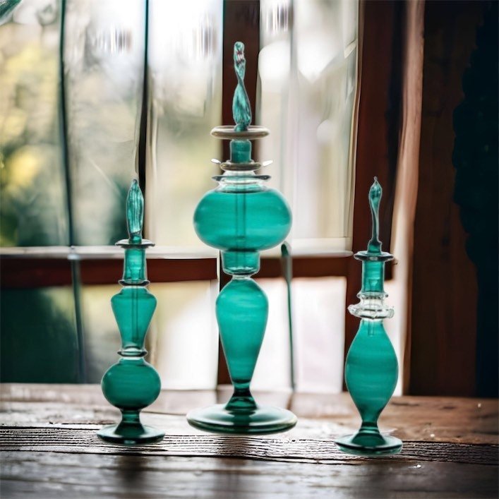 Perfume Bottle - Hand Painted - Colored Glassware - Antique Glassware - Empty Perfume Bottle - Hand Blown Glass - Custom Perfume Bottle - Les Trois Pyramides