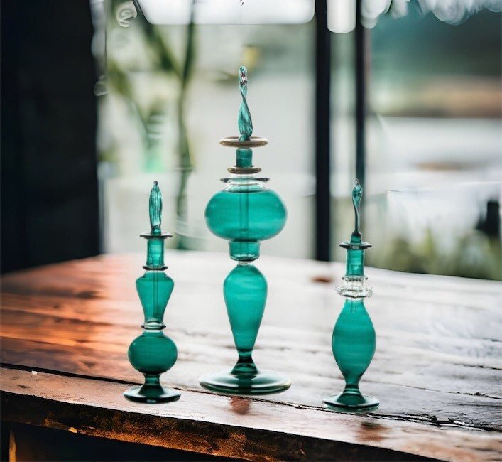 Perfume Bottle - Hand Painted - Colored Glassware - Antique Glassware - Empty Perfume Bottle - Hand Blown Glass - Custom Perfume Bottle - Les Trois Pyramides