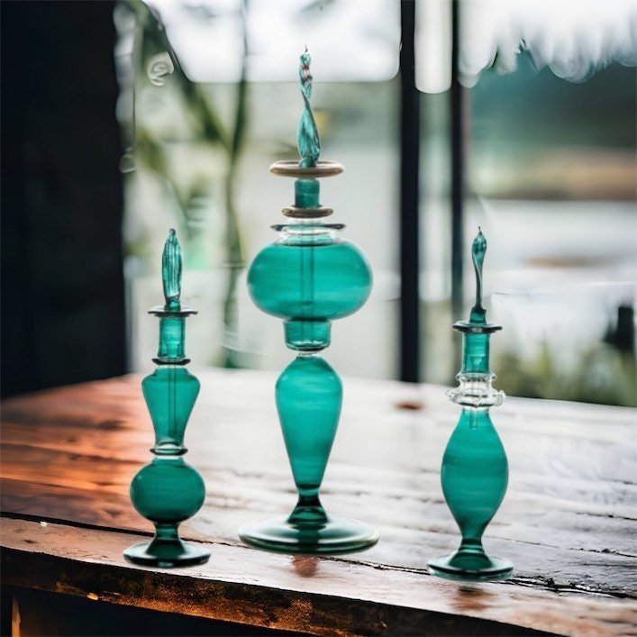 Perfume Bottle - Hand Painted - Colored Glassware - Antique Glassware - Empty Perfume Bottle - Hand Blown Glass - Custom Perfume Bottle - Les Trois Pyramides
