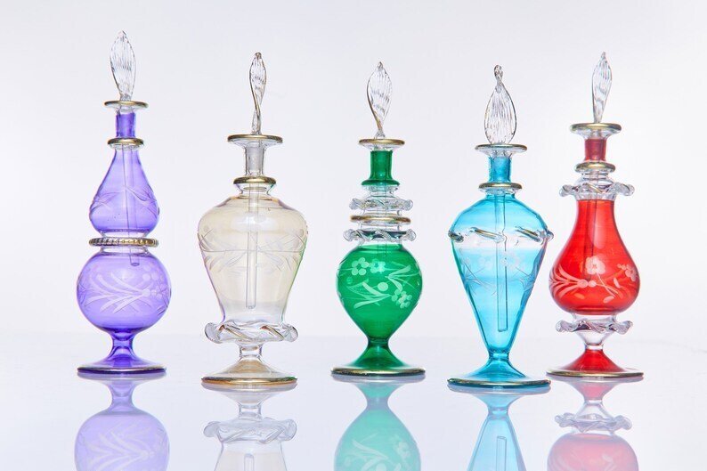 Perfume Oil Glass Bottles - Egyptian Essential Oil Holder Bottles - Hand Painted Blown Glass Bottles - Vintage Perfume Bottles - Cute Gifts | Les Trois Pyramides