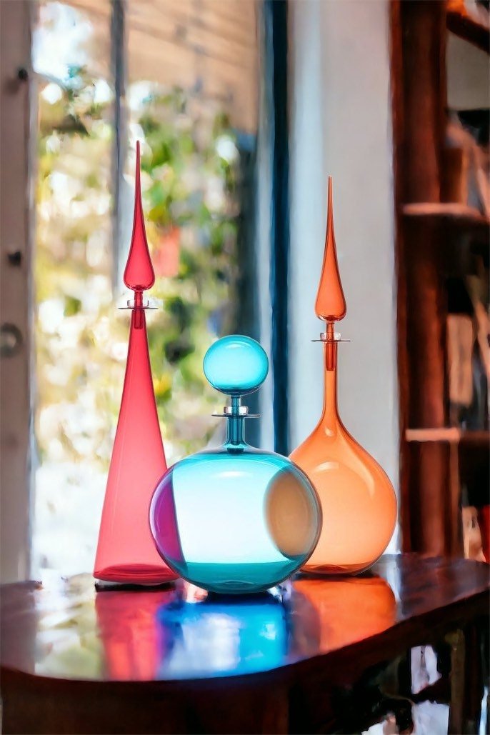 Personalized Set of Three Classic Decanter Bottles with Stopper - Handmade Blown Glass Bottle - Made with Love - Handmade Gift - Decanters | Les Trois Pyramides
