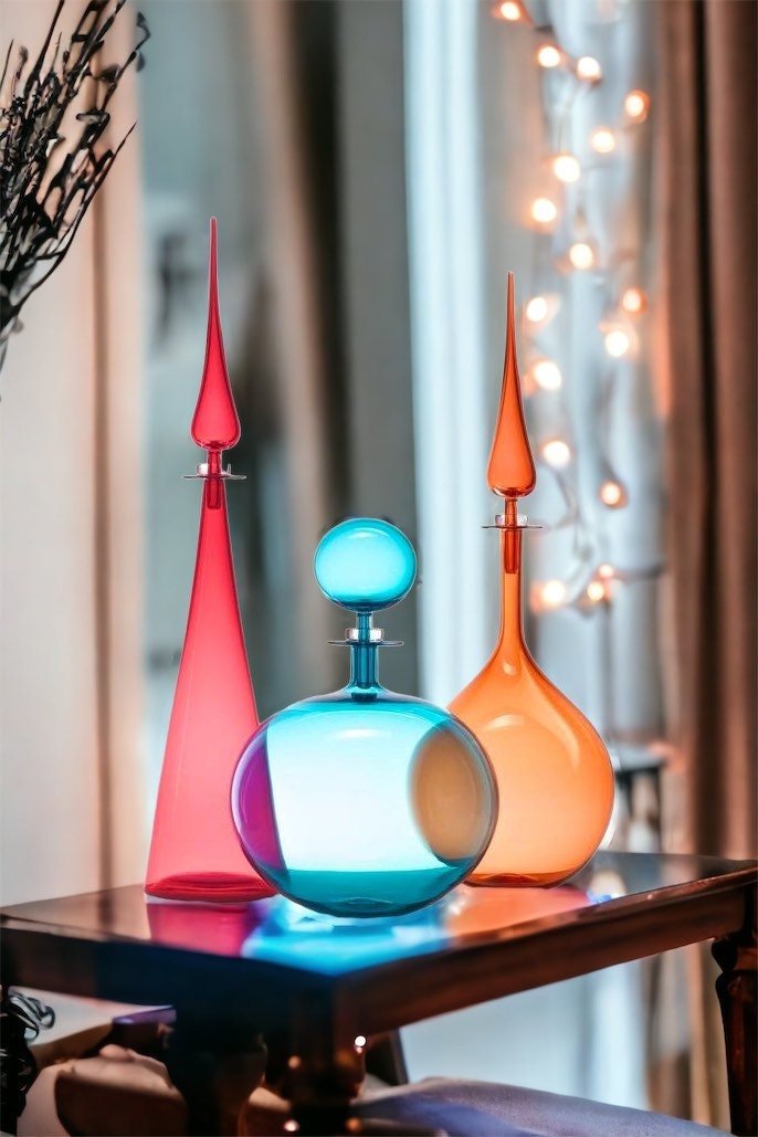 Personalized Set of Three Classic Decanter Bottles with Stopper - Handmade Blown Glass Bottle - Made with Love - Handmade Gift - Decanters | Les Trois Pyramides