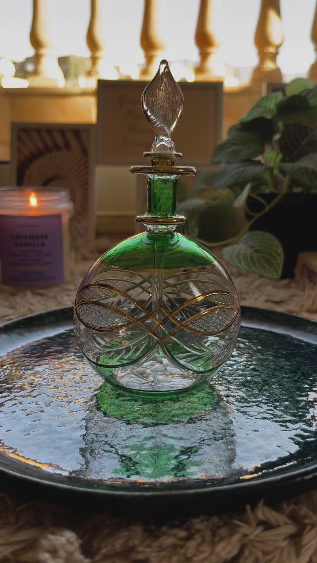Green Engraved Perfume Bottle with 14K Gold | Les Trois Pyramides