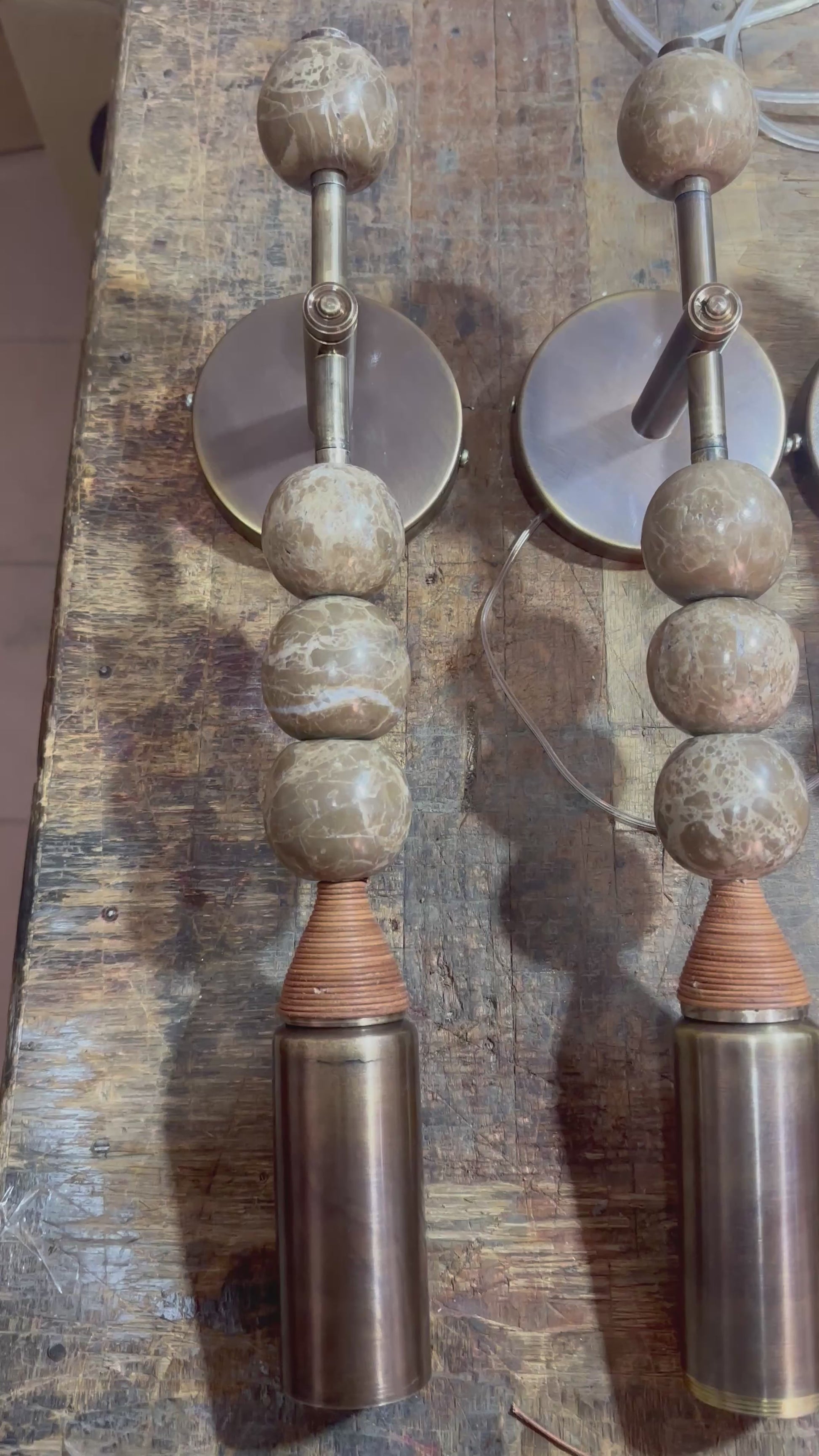 Set of Two Handmade Dark Bronze finish sconce lighting with Brown Marble Gemstones - Custom Design | Les Trois Pyramides