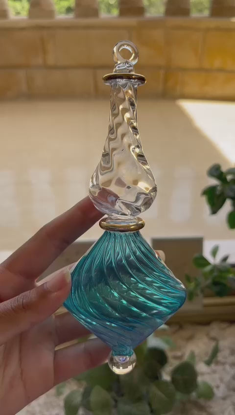 Turquoise Ribbed Glass Christmas Ornament 14 K Gold - Les Trois Pyramides