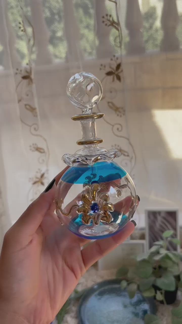 Turquoise Blown Glass perfume Bottle with 14K Gold | Les Trois Pyramides