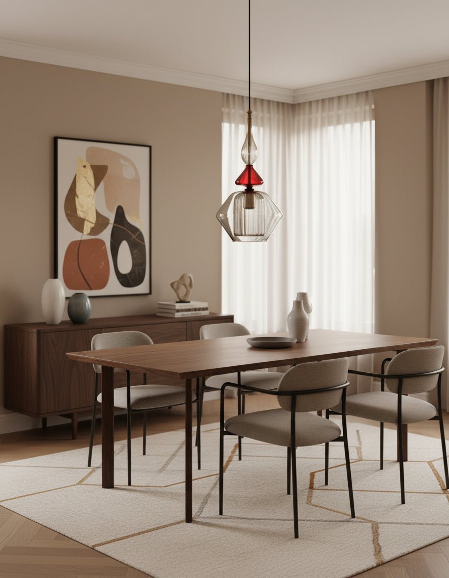 Red and Smokey Grey Blown Glass Pendant Light – Handcrafted Ceiling Lamp for Dining and Living Room