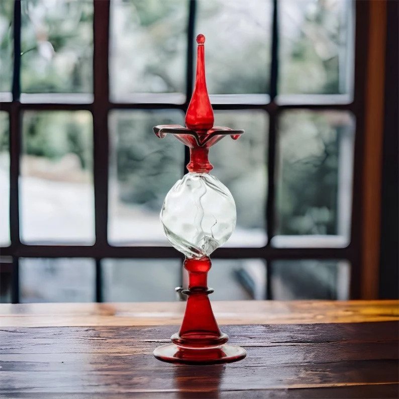 Red & Clear Hand Painted Perfume Bottle , Perfume Oil Bottle , Hand Blown Glassware , Handmade Gift - Les Trois Pyramides