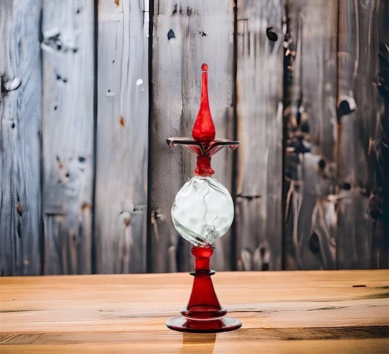 Red & Clear Hand Painted Perfume Bottle , Perfume Oil Bottle , Hand Blown Glassware , Handmade Gift - Les Trois Pyramides