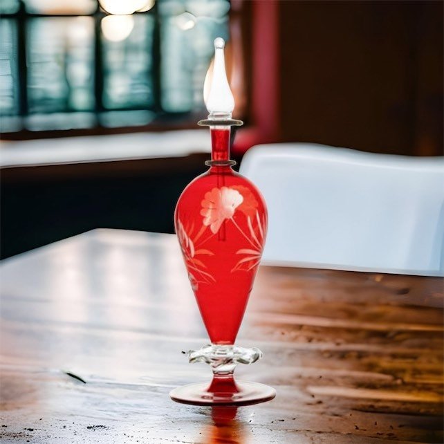 Perfume Bottle Engraved Red - Hand Painted Hand Blown Glass - Decorative Essential Oil Bottle - Gift for Women - Handmade Egyptian Glass - Les Trois Pyramides