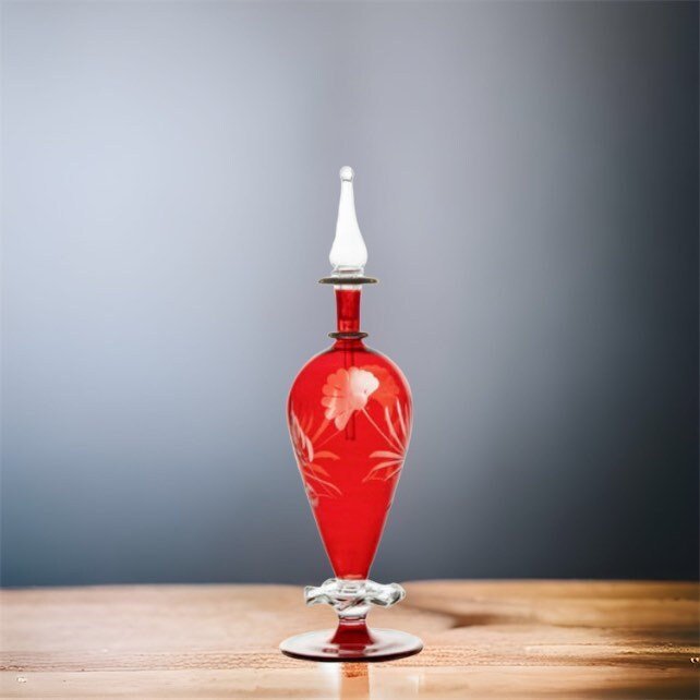 Perfume Bottle Engraved Red - Hand Painted Hand Blown Glass - Decorative Essential Oil Bottle - Gift for Women - Handmade Egyptian Glass - Les Trois Pyramides