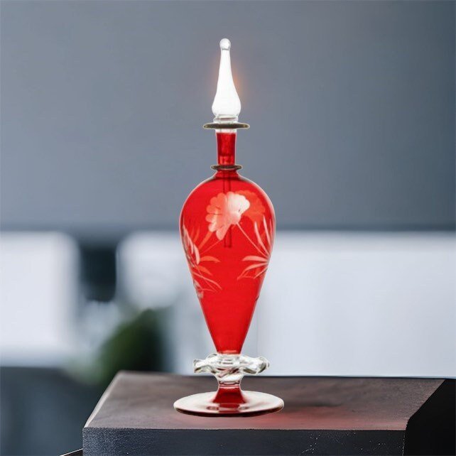 Perfume Bottle Engraved Red - Hand Painted Hand Blown Glass - Decorative Essential Oil Bottle - Gift for Women - Handmade Egyptian Glass - Les Trois Pyramides