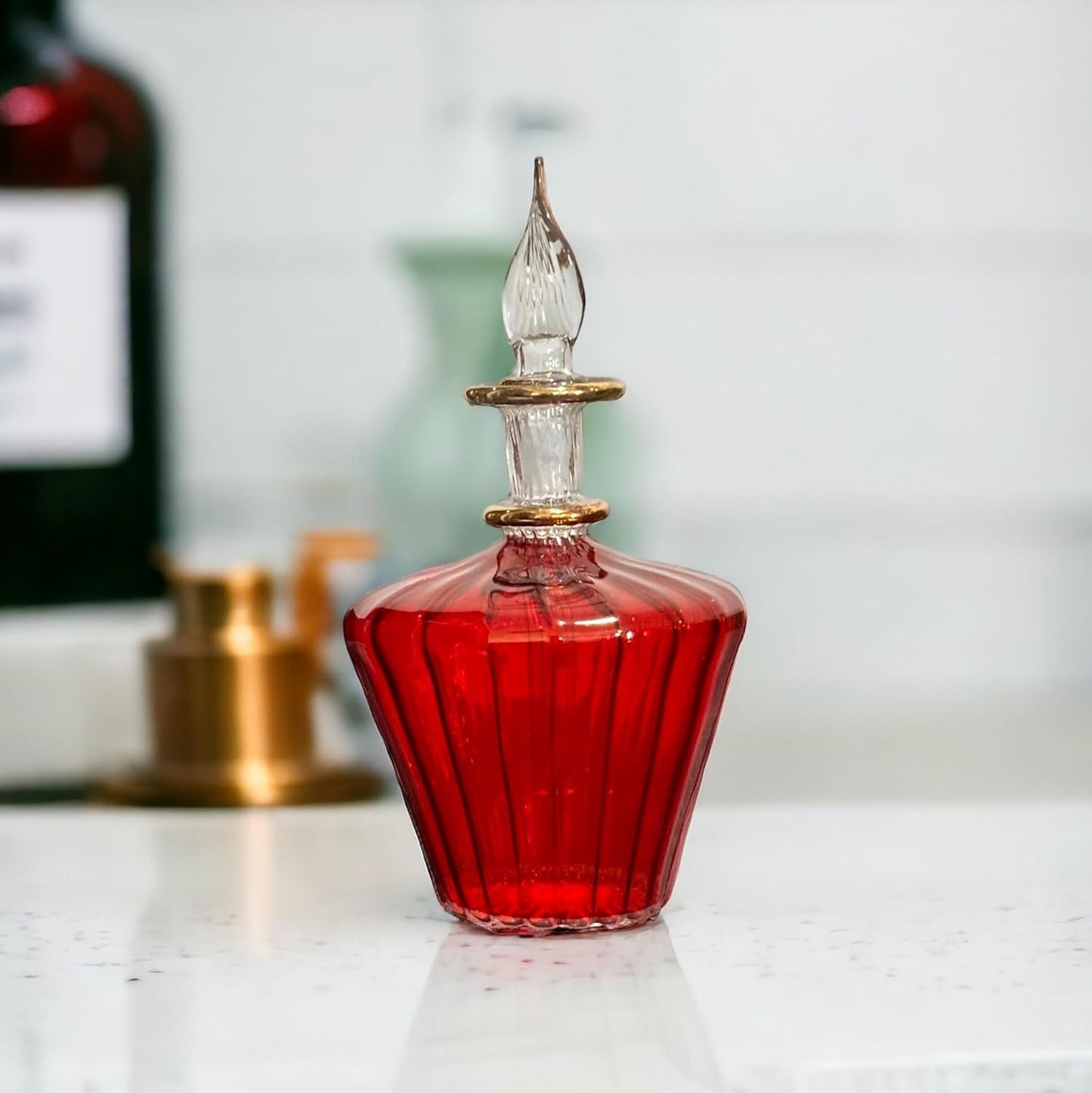 Red Ribbed Blown Glass perfume Bottle with stopper and 14K Gold | Les Trois Pyramides