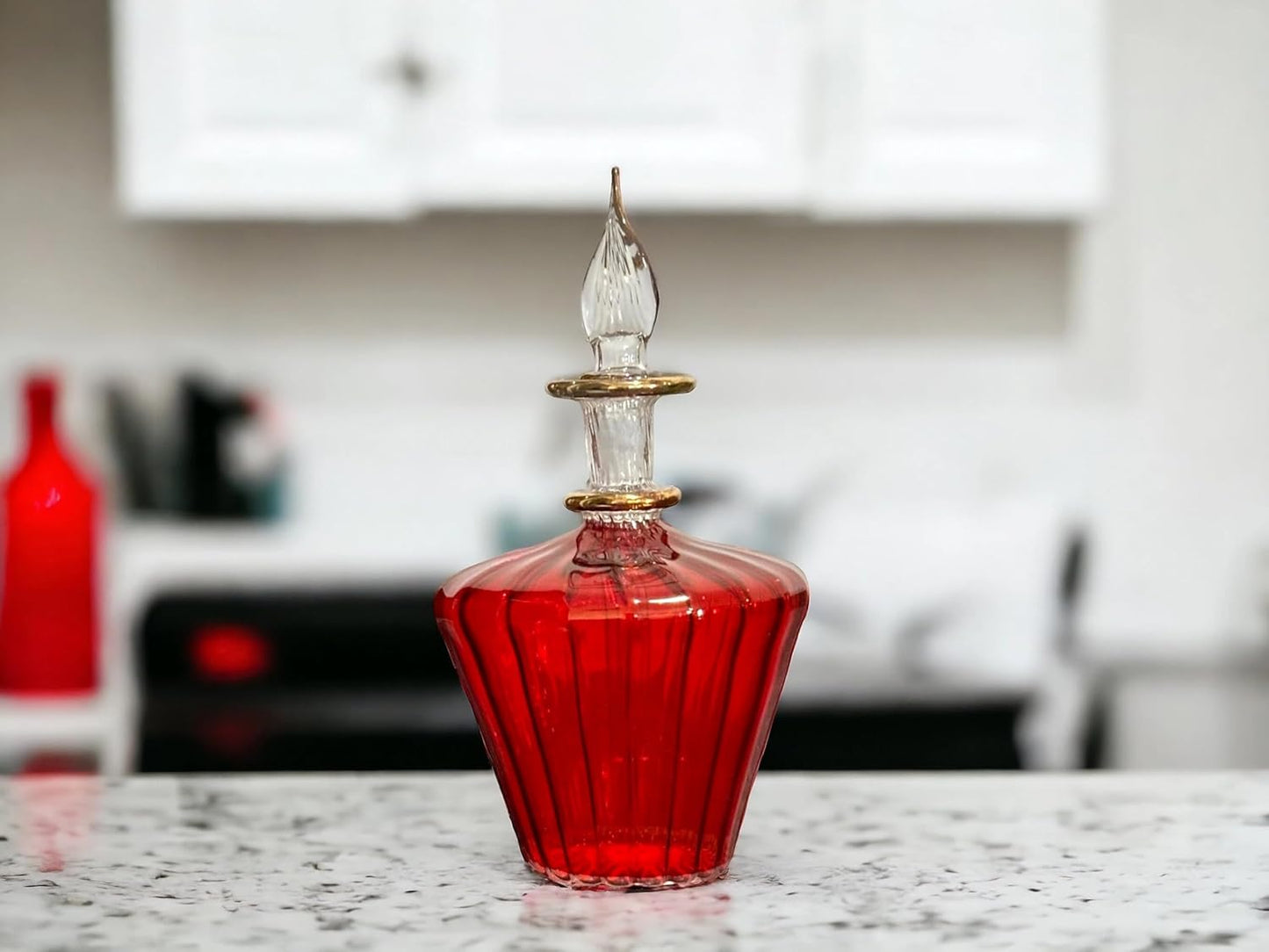 Red Ribbed Blown Glass perfume Bottle with stopper and 14K Gold | Les Trois Pyramides