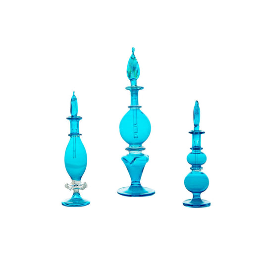 Set of 3 Handblown Blue Glass Bottles - Handmade Decorative Glass Ornaments for Home Display and Decor - Les Trois Pyramides