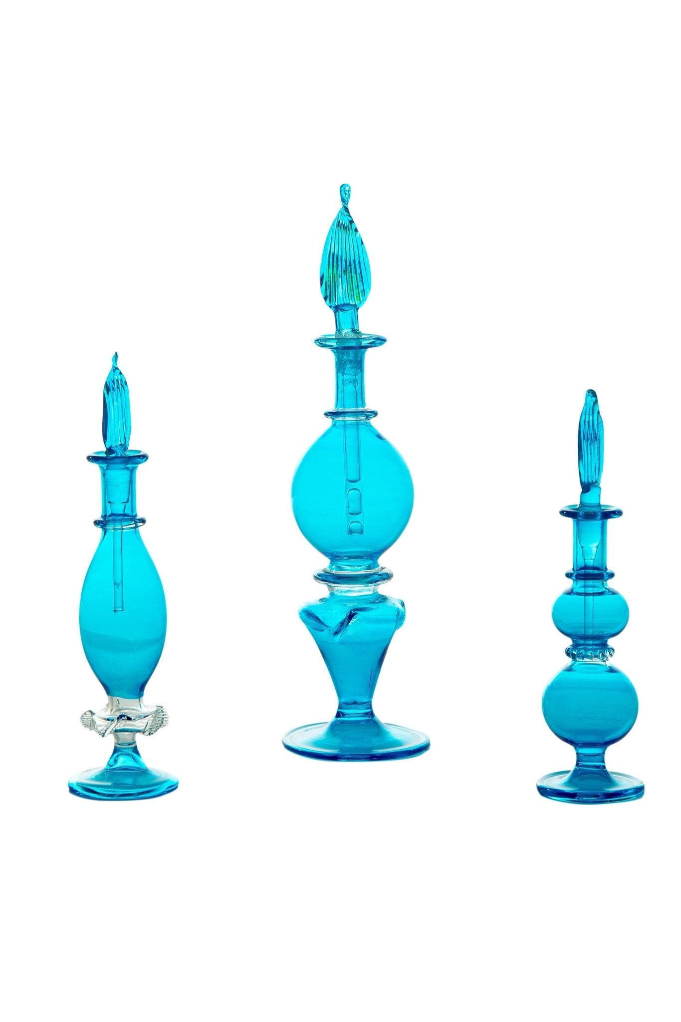 Set of 3 Handblown Blue Glass Bottles - Handmade Decorative Glass Ornaments for Home Display and Decor - Les Trois Pyramides