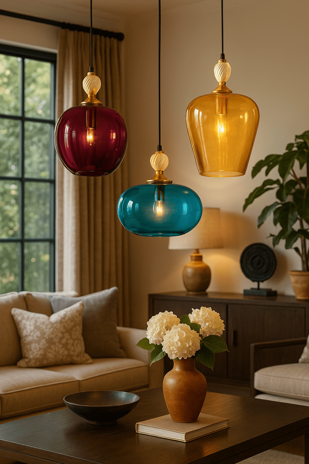 Set of three blown glass light pendants in Custom colors - Les Trois Pyramides