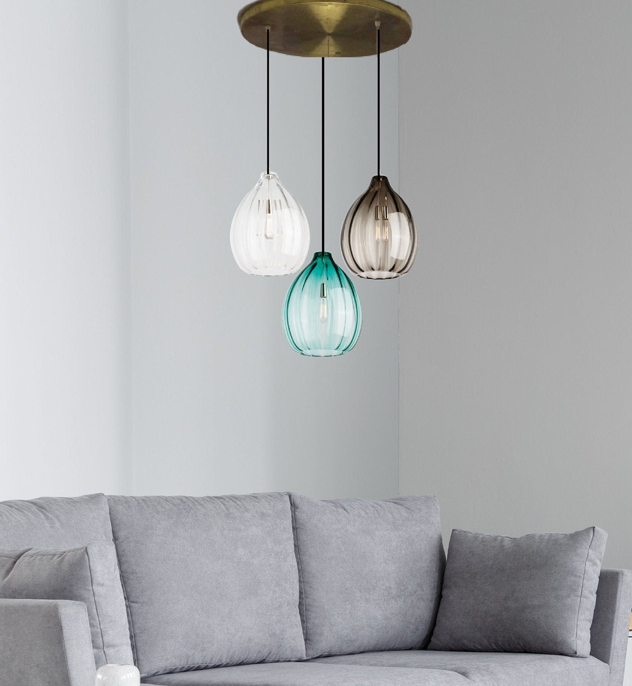 Set of Three Blown Glass Light Pendants for Living Room Decor - Les Trois Pyramides