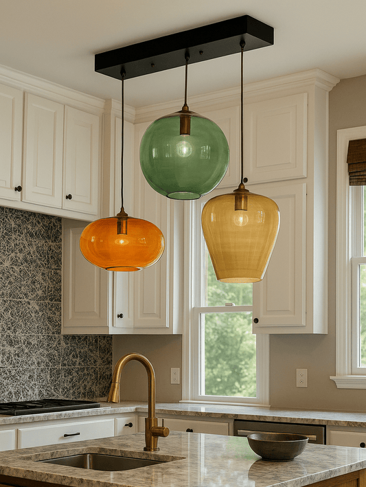 Set of three blown glass light pendants for office decor - Les Trois Pyramides