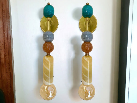 Set of Two Handmade Brass finish sconce lighting with Marble Gemstones | Les Trois Pyramides