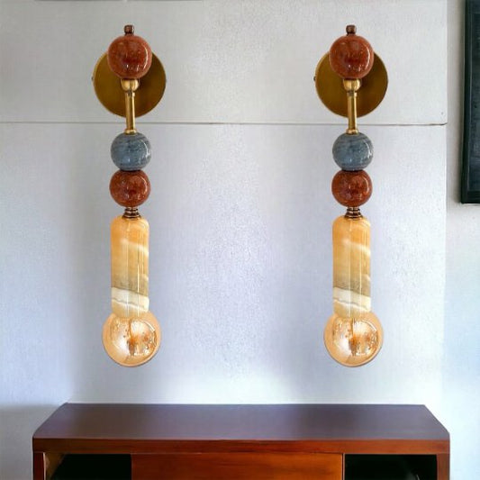 Set of Two Handmade Brass finish sconce lighting with Marble Gemstones | Les Trois Pyramides